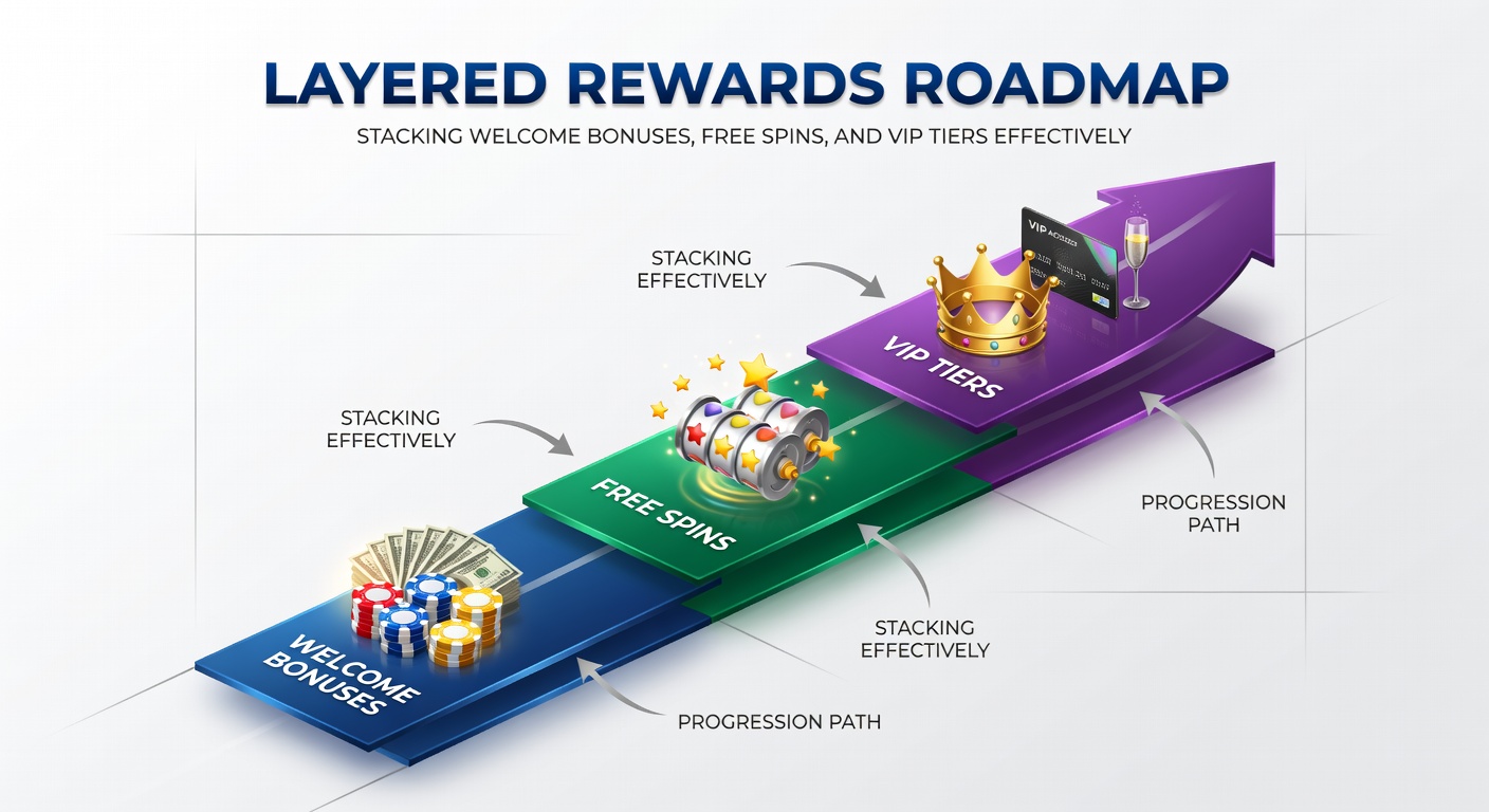 Detaillierte Roadmap-Illustration mit Pfeilen, die Willkommensboni zu Freispielen und VIP-Stufen verbinden, inklusive Zeitachse