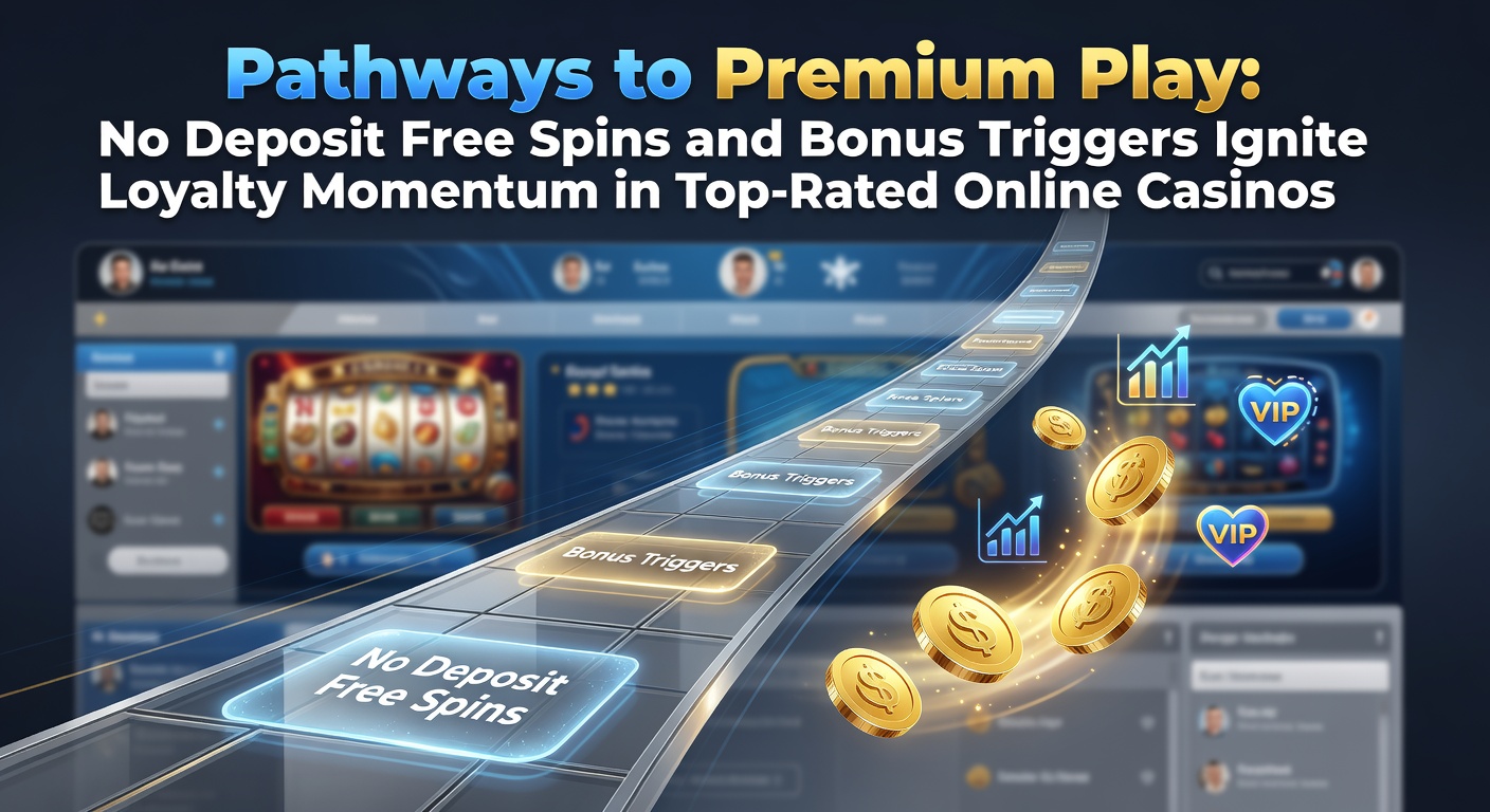 Grafik zeigt No-Deposit-Freispiele als Einstiegstor zu Premium-Belohnungen in Online-Casinos, mit Symbolen für Freispiele, Loyalitätsstufen und Casino-Logos